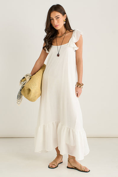 White - White Ruffle Short Sleeve Viscose Maxi Dress by Gini London