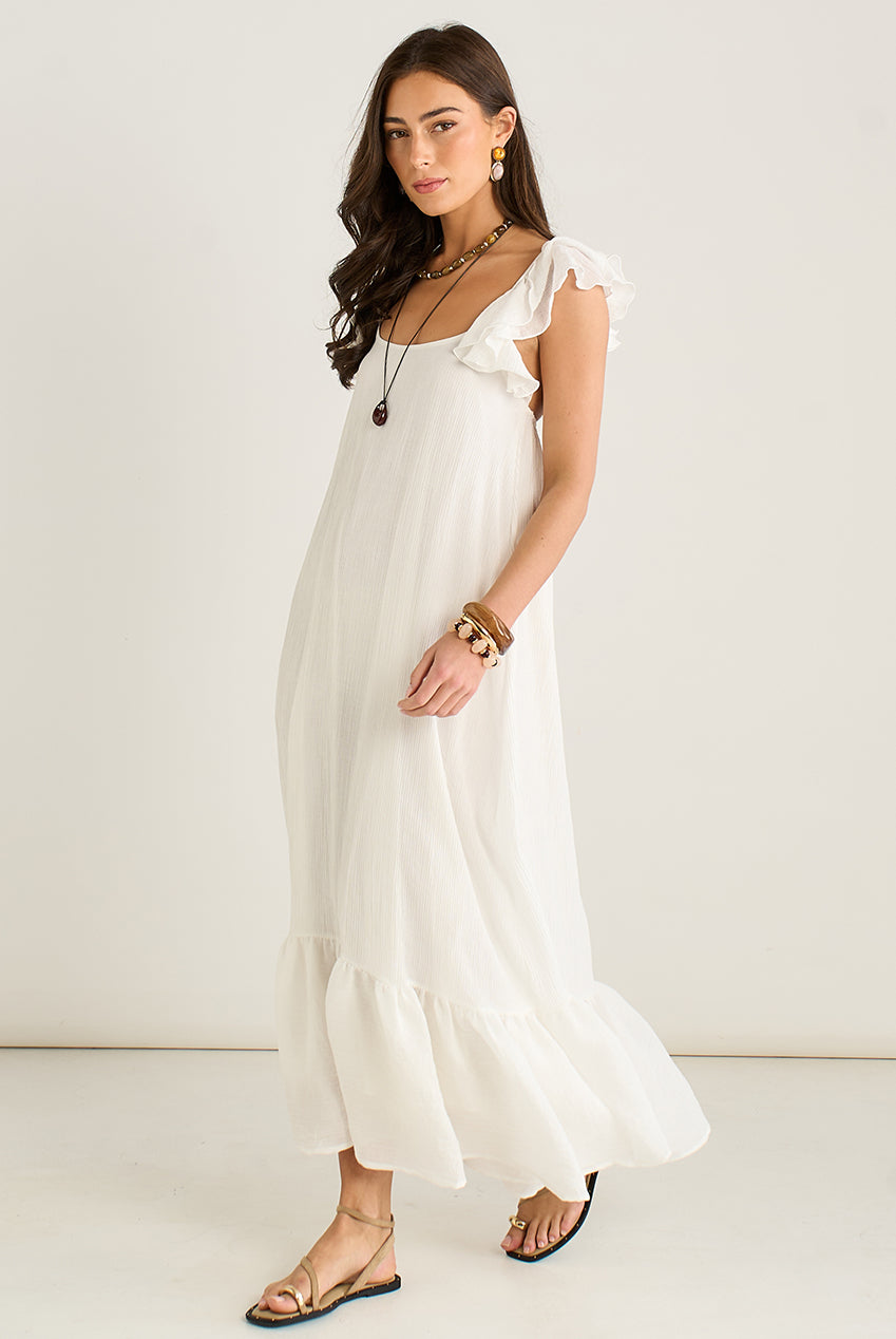 White Ruffle Short Sleeve Viscose Maxi Dress GL937009