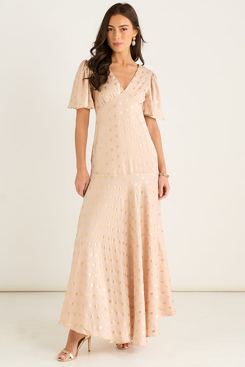 Stone Angel Sleeves Foil Pattern Maxi Dress by Gini London