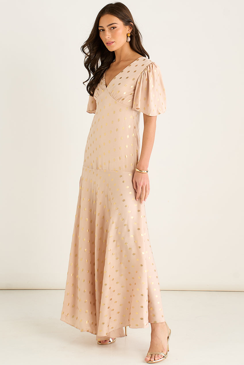 Stone Angel Sleeves Foil Pattern Maxi Dress GL956A