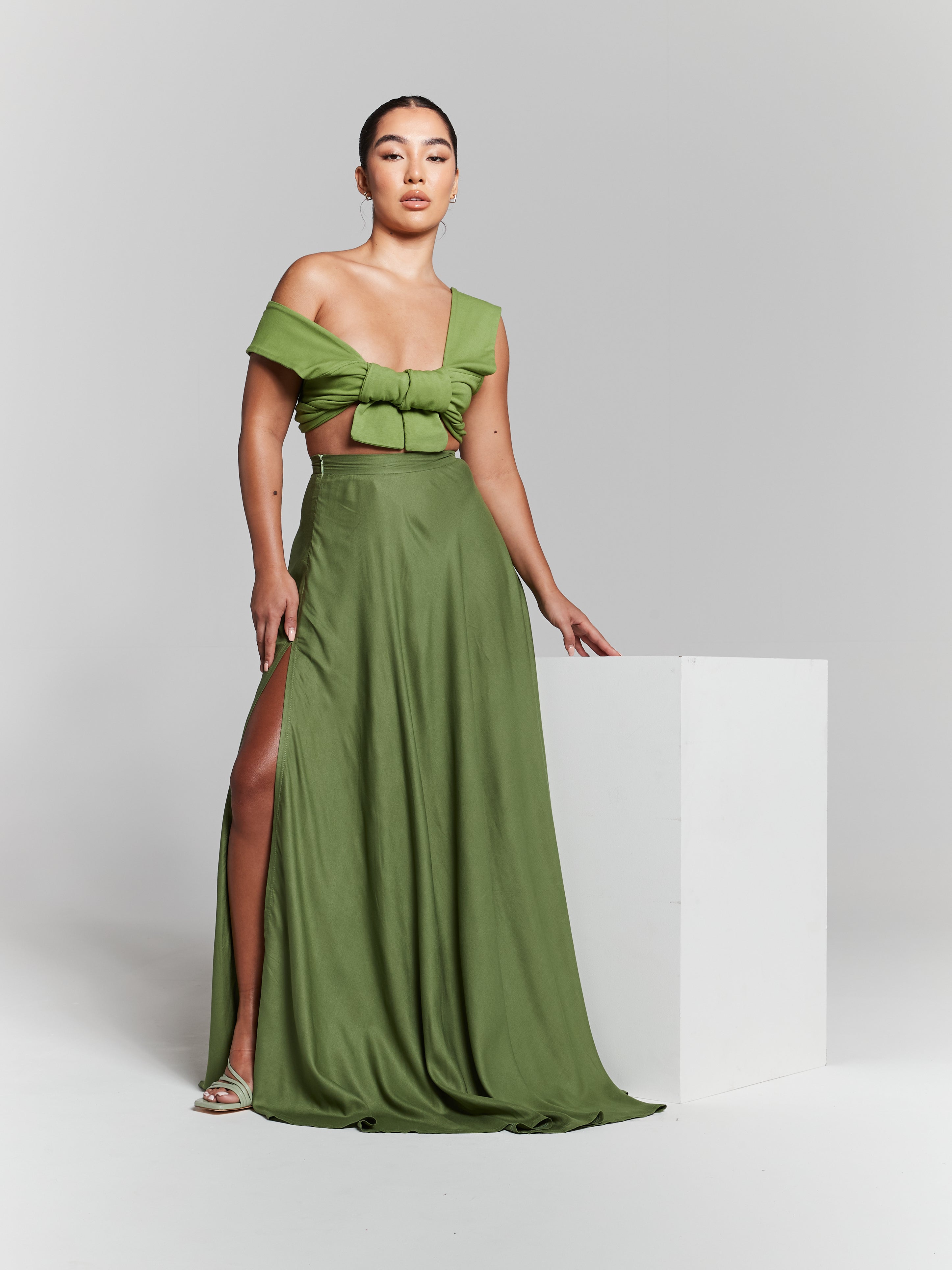 Olive Green High Waisted Maxi Skirt INF20281