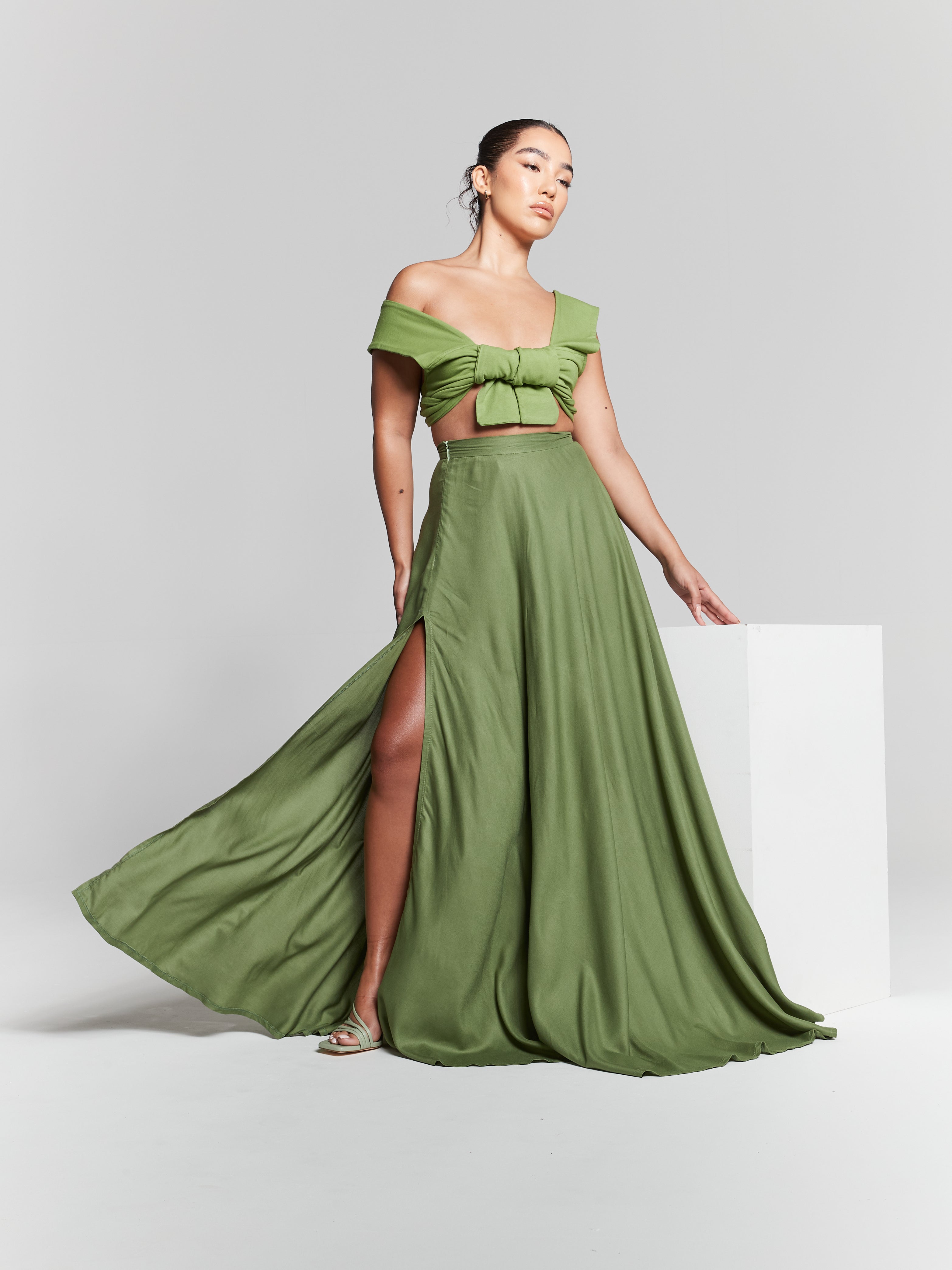 Olive Green High Waisted Maxi Skirt INF20281