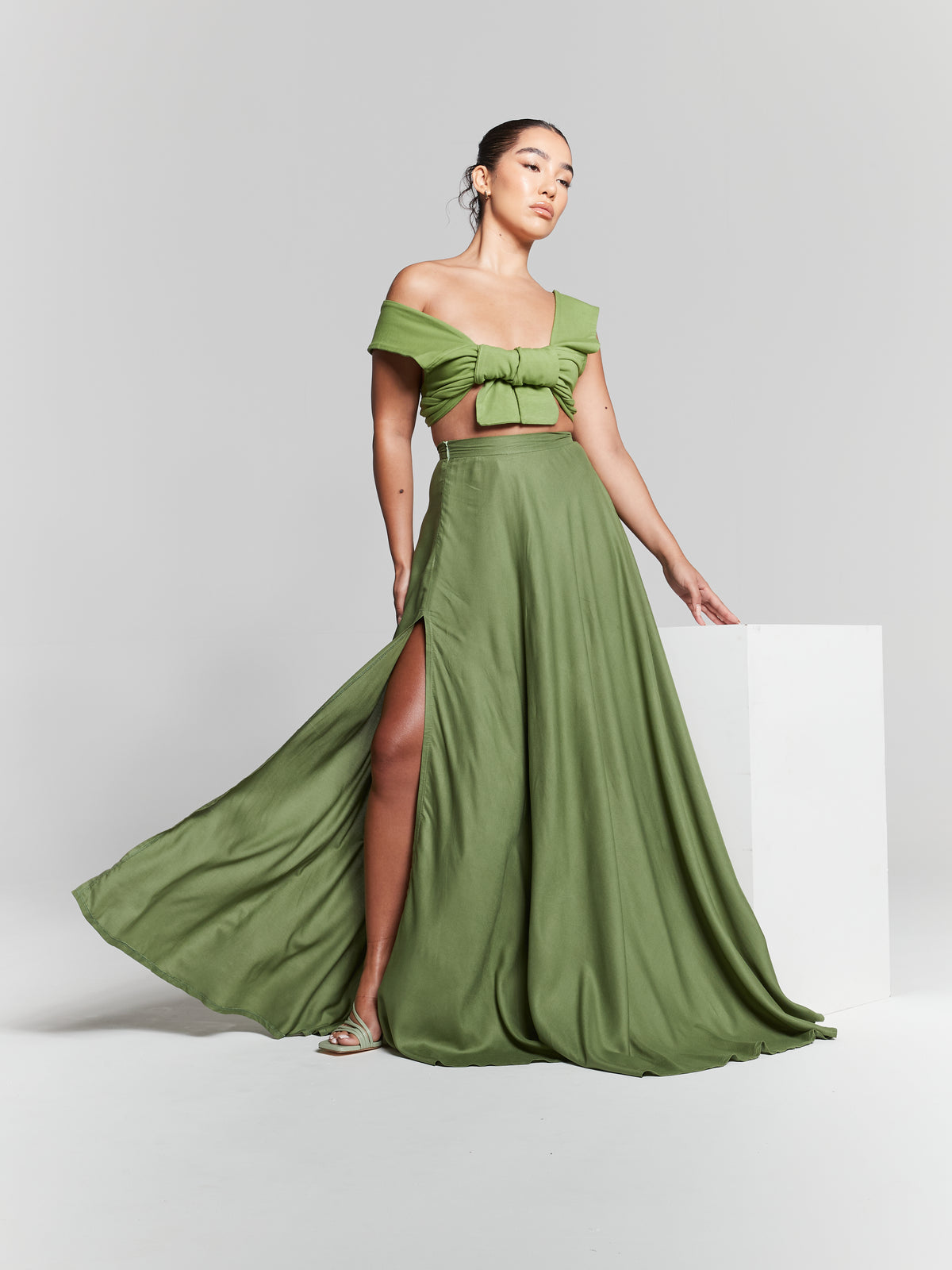 Olive Green High Waisted Maxi Skirt INF20281