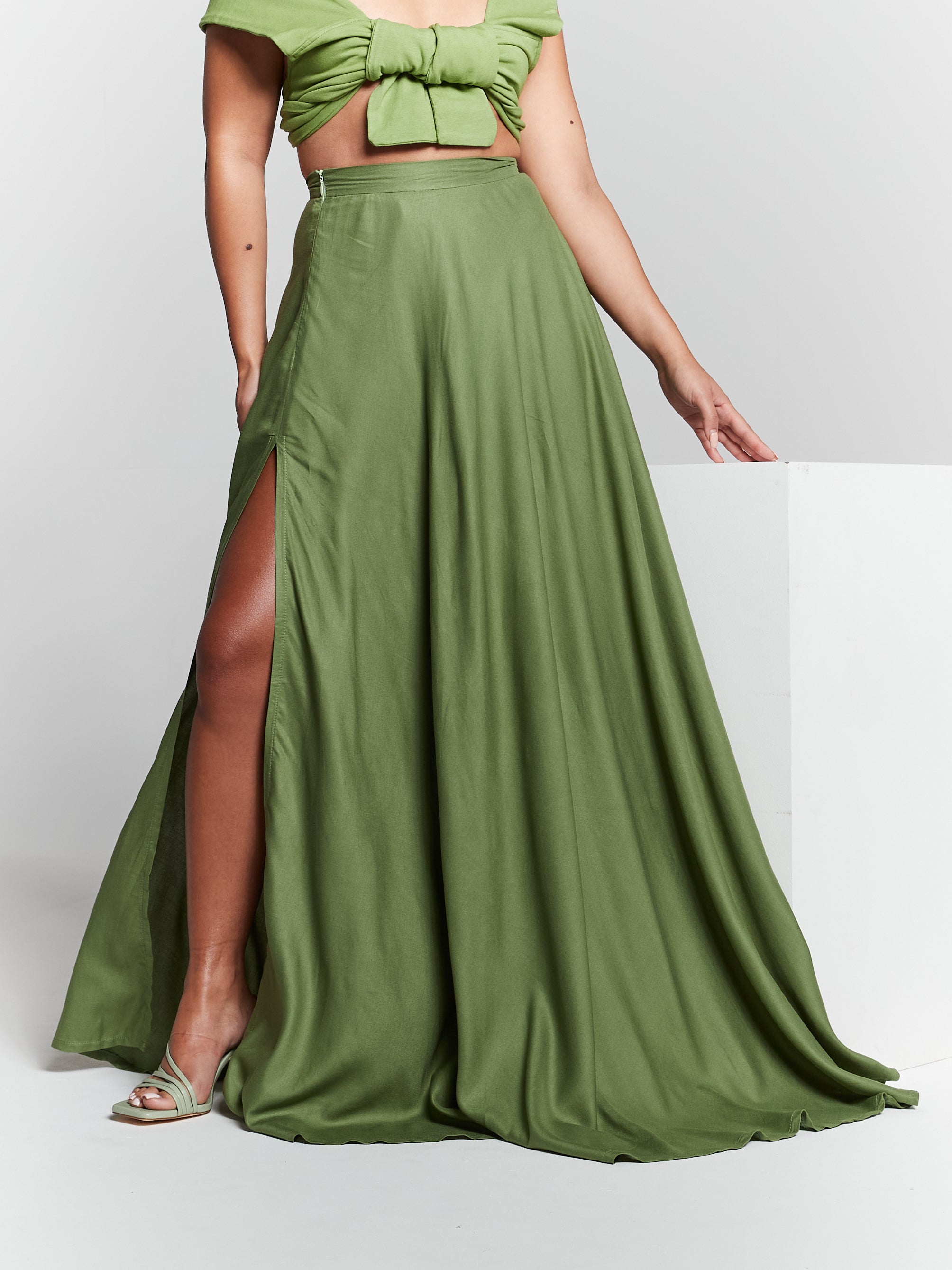 Olive Green High Waisted Maxi Skirt INF20281