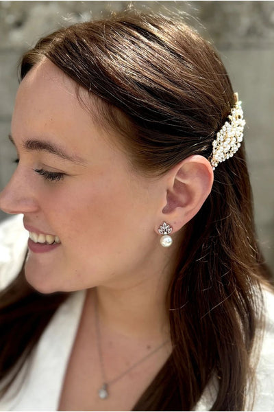 Gold - Gold Pearl Hair Clip With Diamante by QueenMee Accessories