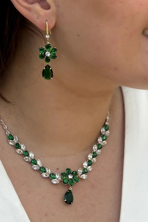 Green Crystal Flower Necklace by QueenMee Accessories
