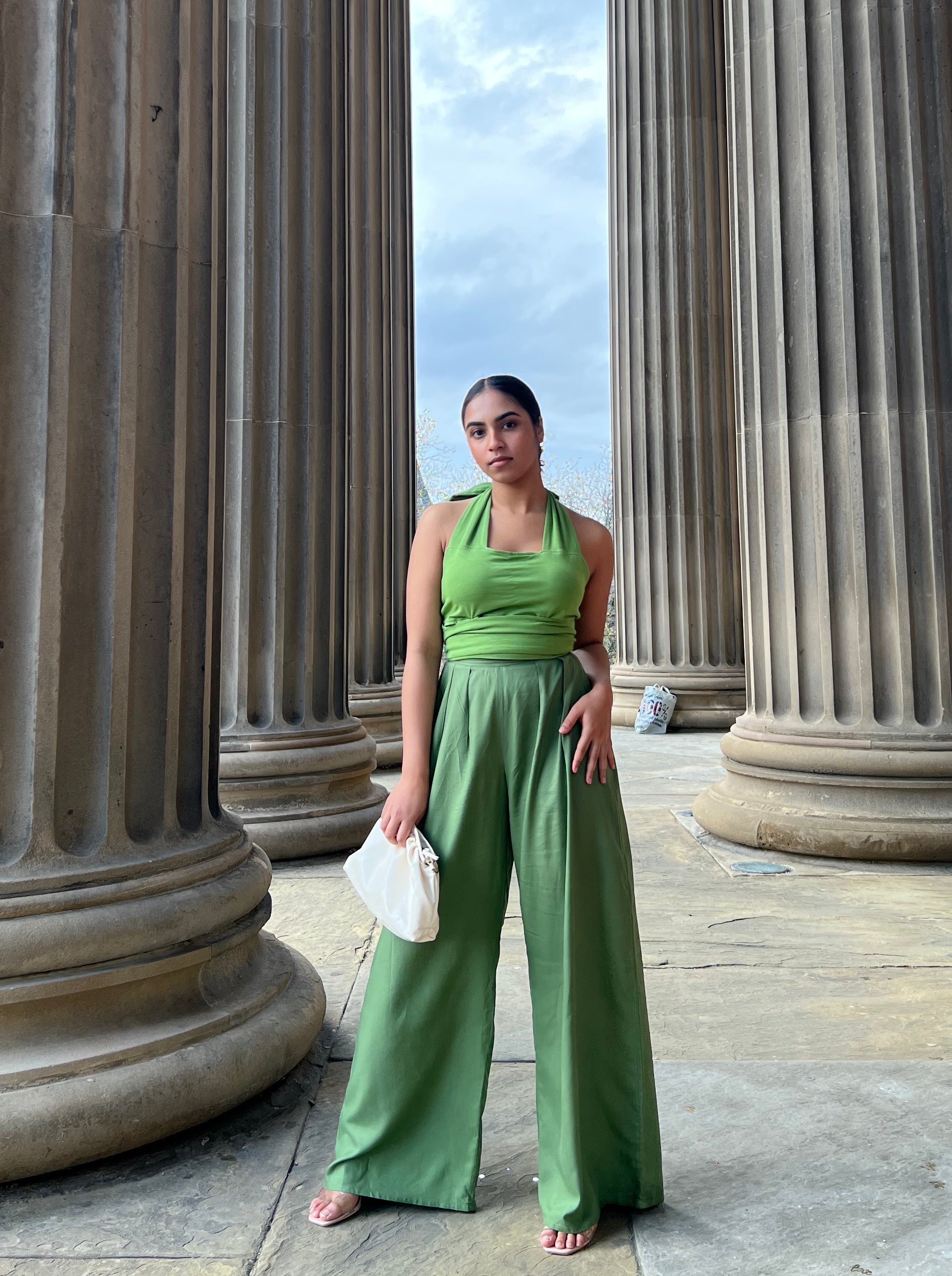 Olive Green Pleated Wide Leg Trouser INF20237