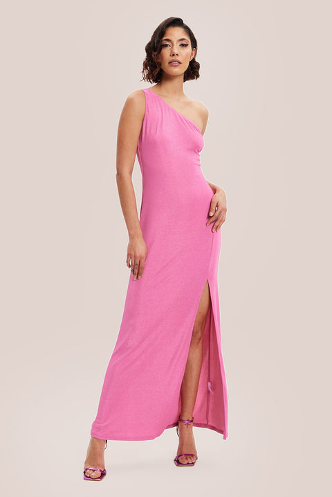 Pink Lurex One Shoulder Jersey Maxi Dress With Long Slit by Liquorish