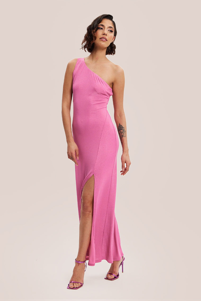 Pink Lurex One Shoulder Jersey Maxi Dress With Long Slit H1-DML015-B