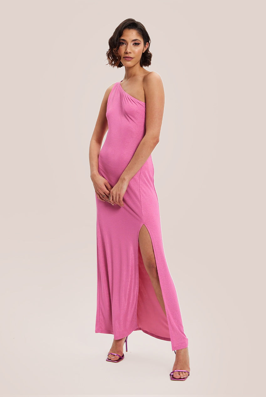 Pink Lurex One Shoulder Jersey Maxi Dress With Long Slit H1-DML015-B