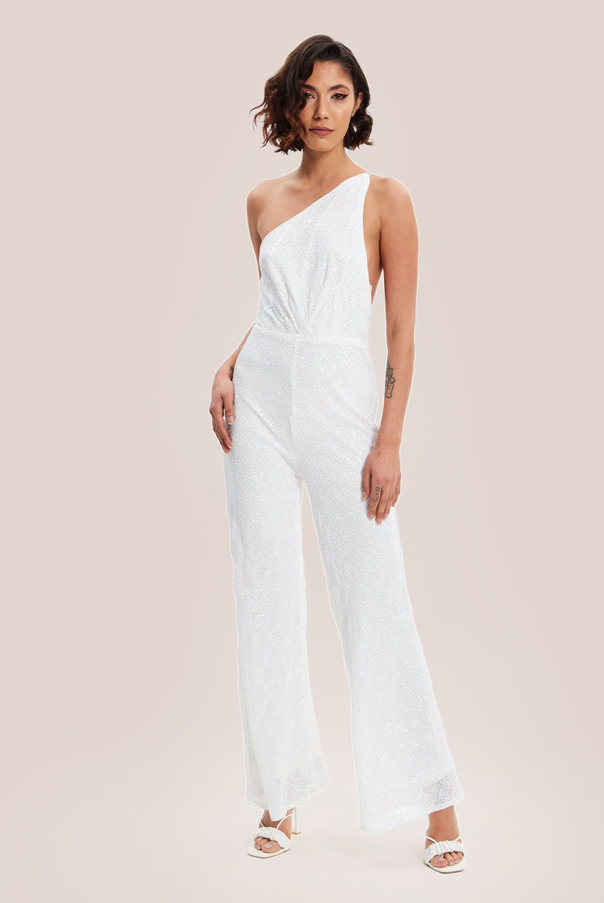 White Sequin Jersey One Shoulder Jumpsuit H5-DML017