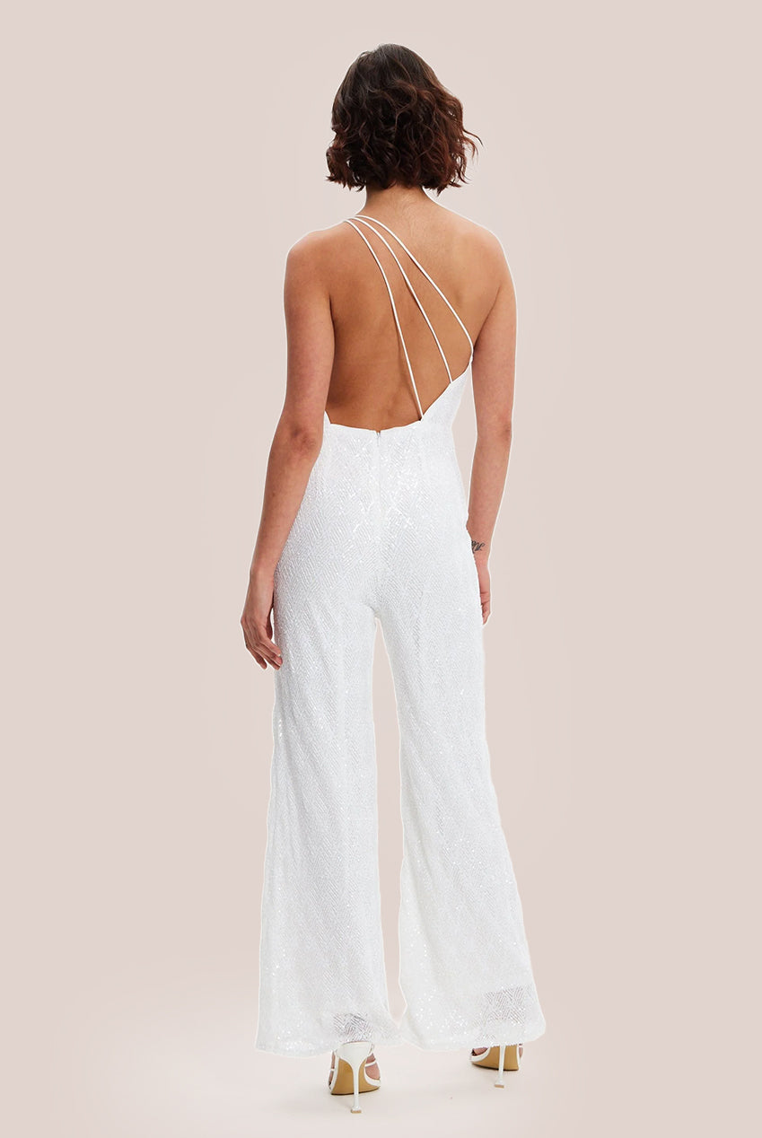 White Sequin Jersey One Shoulder Jumpsuit H5-DML017