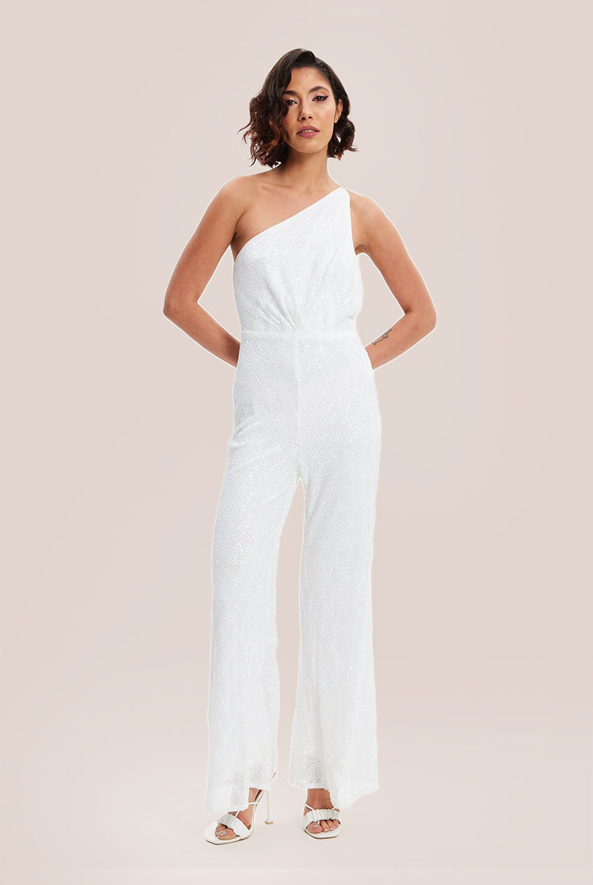 Liquorish White Sequin Jersey One Shoulder Jumpsuit