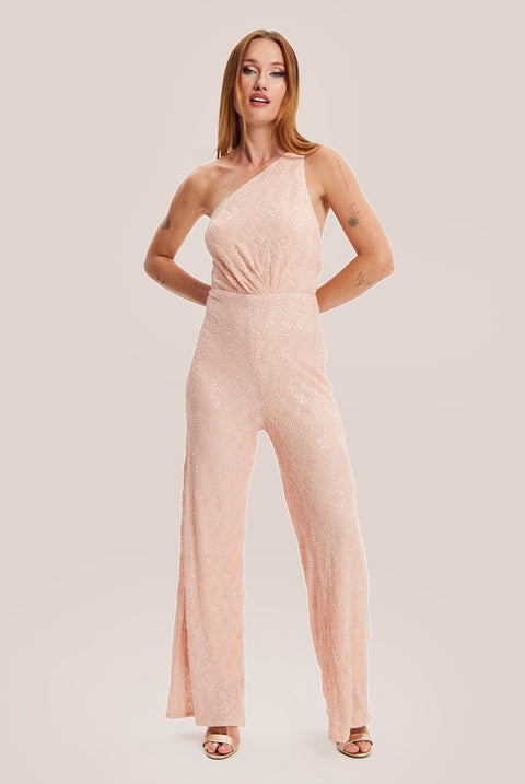 Pink Sequin Jersey One Shoulder Jumpsuit by Liquorish