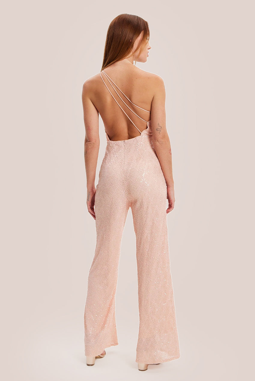 Pink Sequin Jersey One Shoulder Jumpsuit H6-DML018