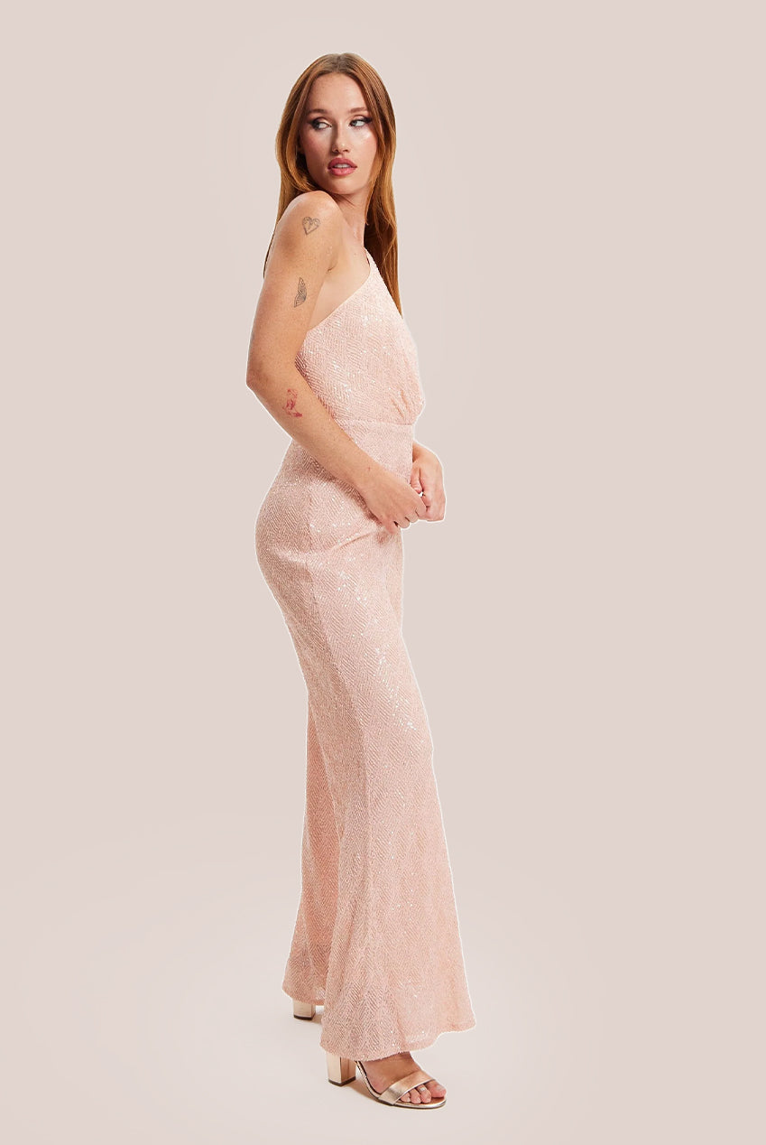 Pink Sequin Jersey One Shoulder Jumpsuit H6-DML018