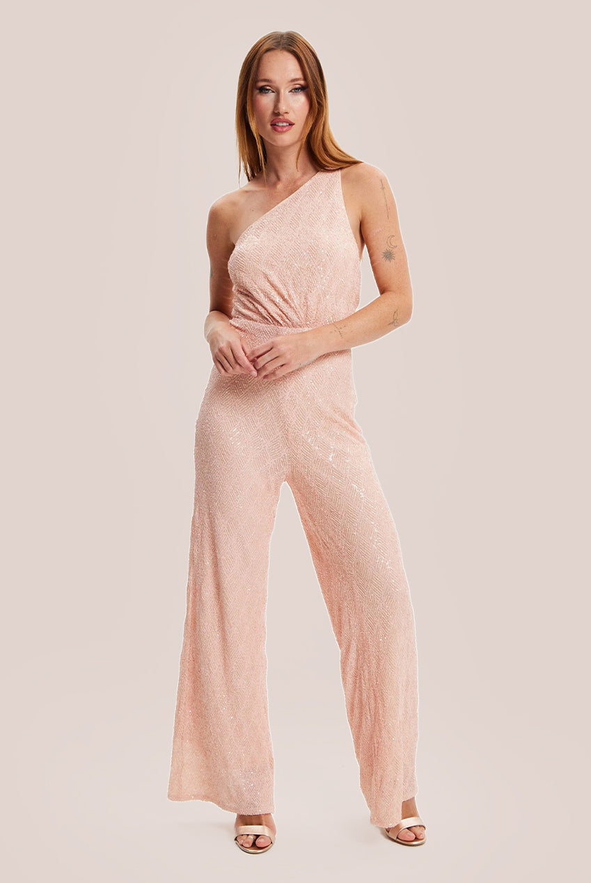 Pink Sequin Jersey One Shoulder Jumpsuit H6-DML018