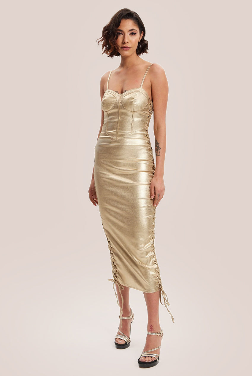 Metallic Foil Gold Lycra Eyelet Dress H6-DML020