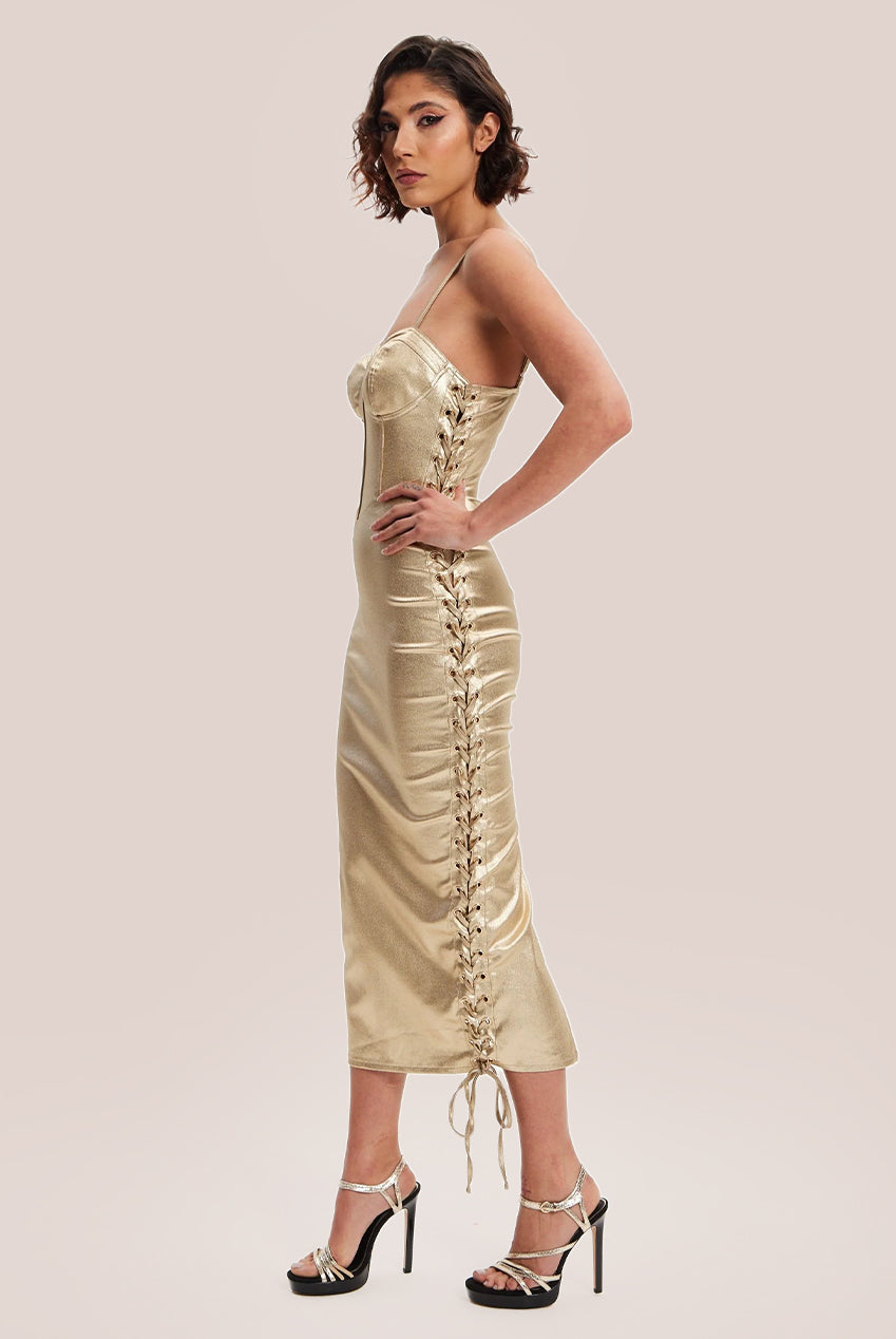 Metallic Foil Gold Lycra Eyelet Dress H6-DML020