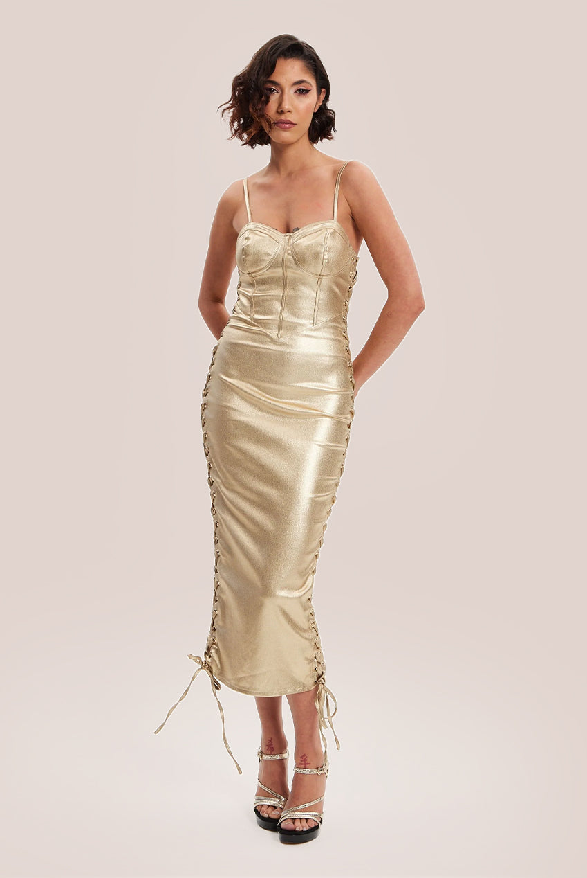 Metallic Foil Gold Lycra Eyelet Dress H6-DML020