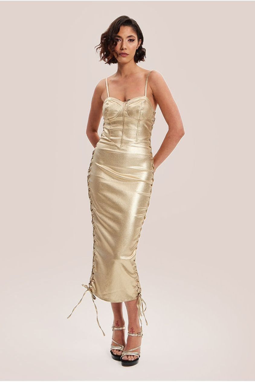Metallic Foil Gold Lycra Eyelet Dress | Goddiva