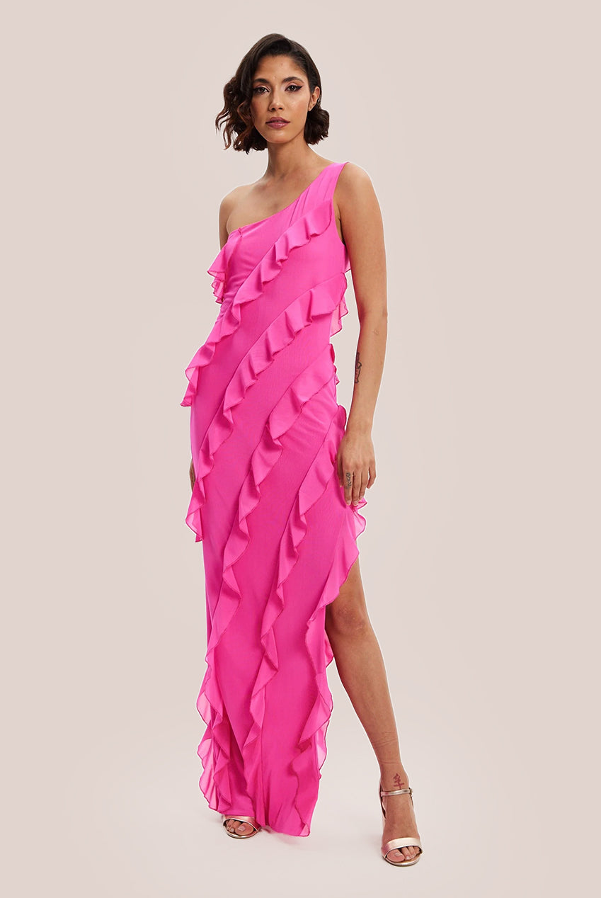 Diagonal Ruffle One Shoulder Mesh Maxi Dress H8-DML023