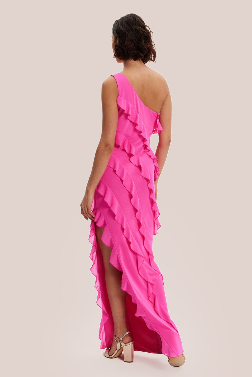 Diagonal Ruffle One Shoulder Mesh Maxi Dress H8-DML023