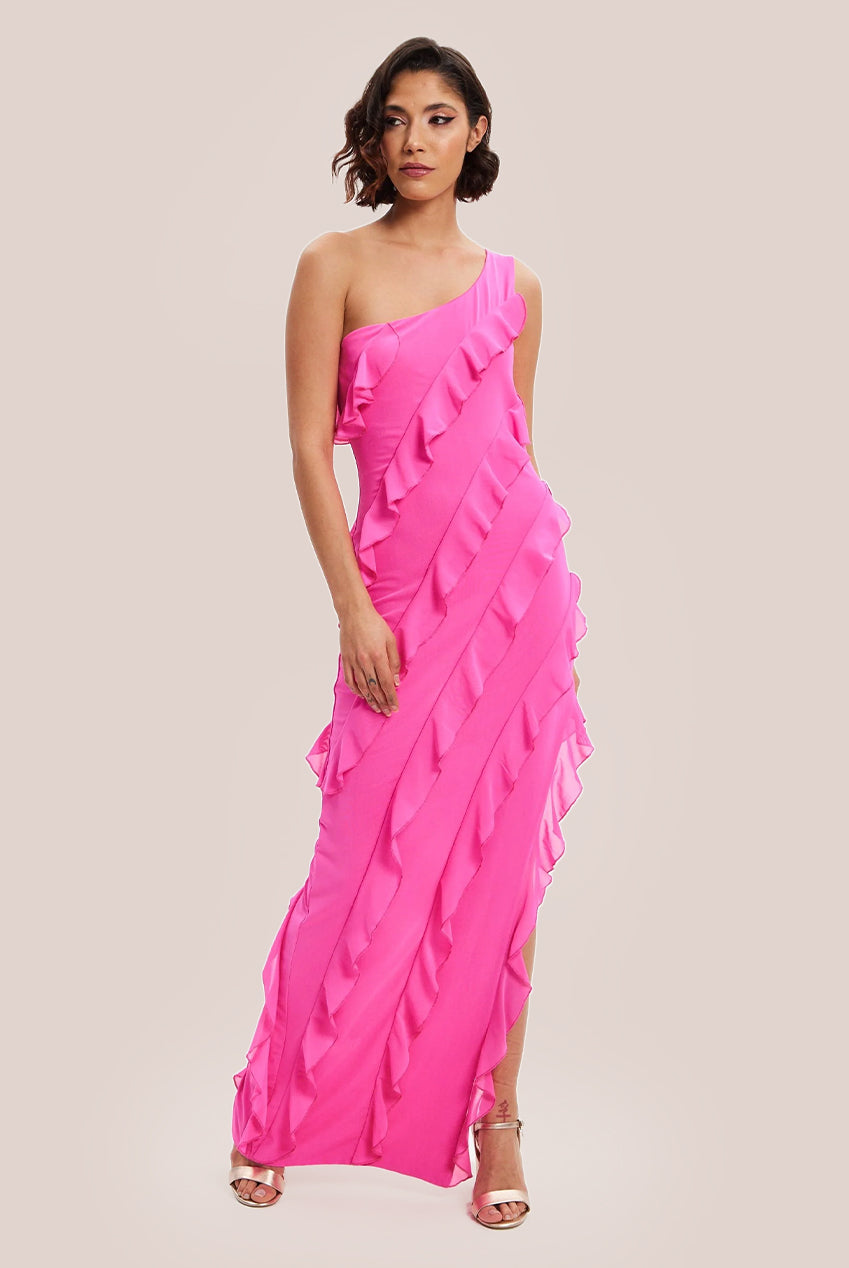 Diagonal Ruffle One Shoulder Mesh Maxi Dress H8-DML023