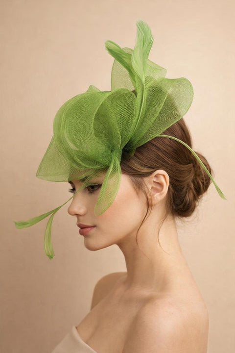 Flower & Feathers Fascinator Hat With Headband & Clip In Green by SVNX