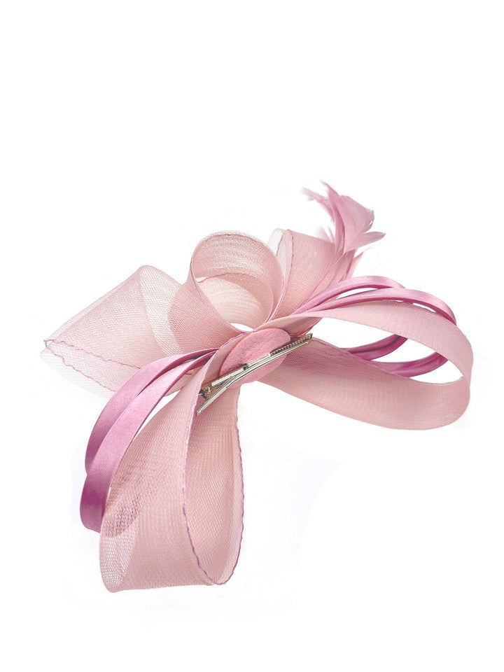 Bow Shaped Fascinator With Satin Loops & Feathers In Pink HA300809