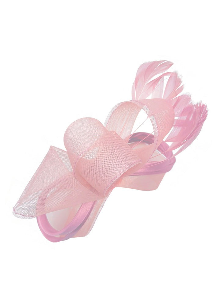 Bow Shaped Fascinator With Satin Loops & Feathers In Pink HA300809