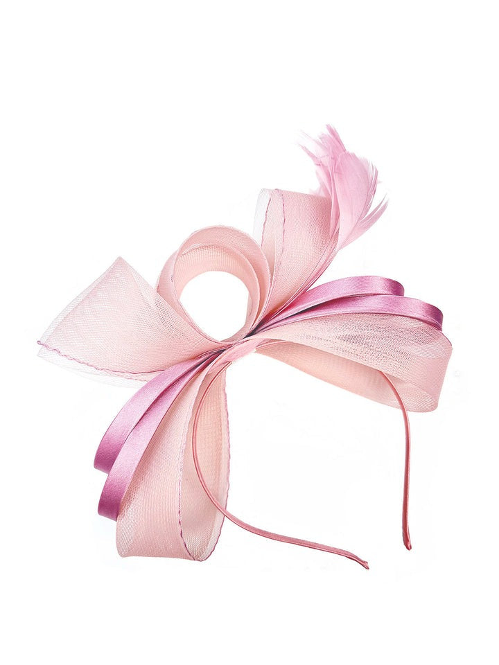 Bow Shaped Fascinator With Satin Loops & Feathers In Pink HA300809