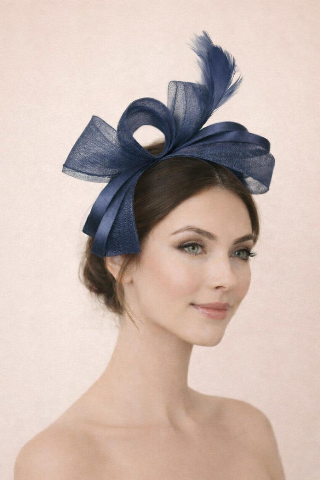 Bow Shaped Fascinator With Satin Loops & Feathers In Navy HA300815