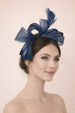 Bow Shaped Fascinator With Satin Loops & Feathers In Navy by SVNX