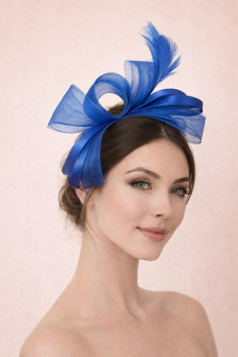 Bow Shaped Fascinator With Satin Loops & Feathers In Royal Blue by SVNX