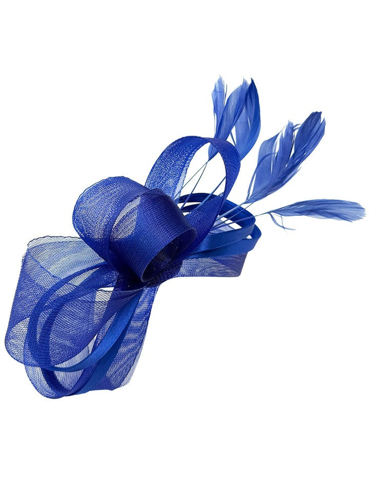 Bow Shaped Fascinator With Satin Loops & Feathers In Royal Blue HA300820