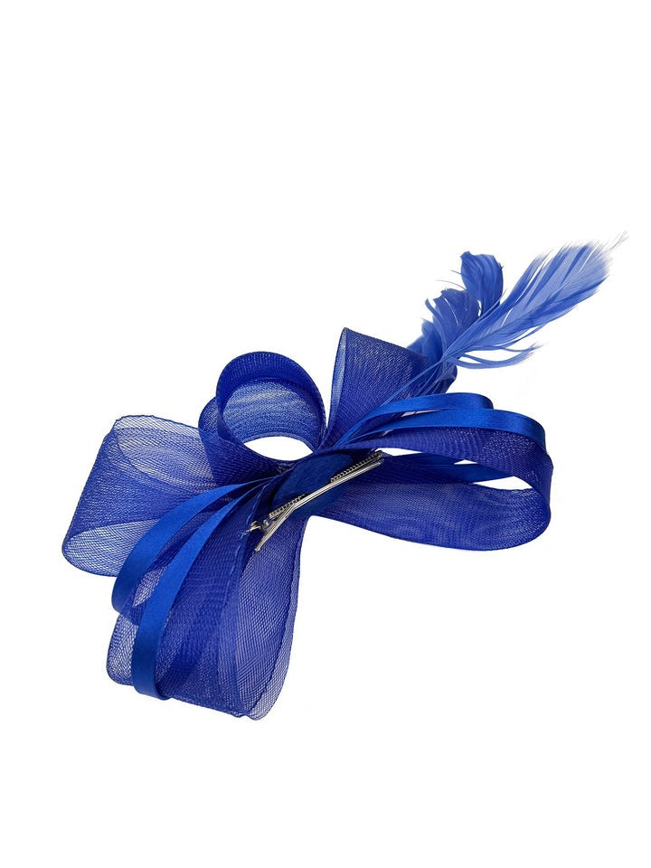 Bow Shaped Fascinator With Satin Loops & Feathers In Royal Blue HA300820