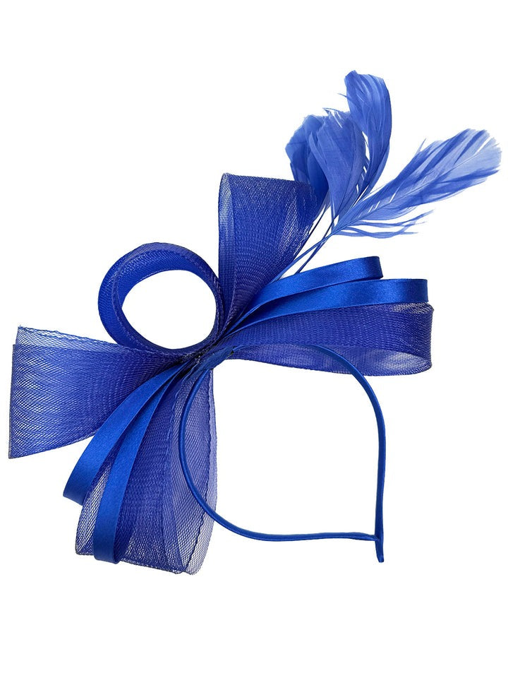 Bow Shaped Fascinator With Satin Loops & Feathers In Royal Blue HA300820