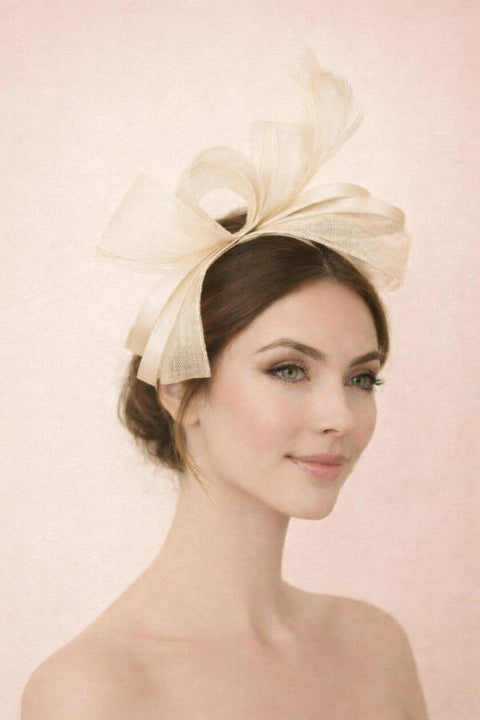 Bow Shaped Fascinator With Satin Loops & Feathers In Cream by SVNX