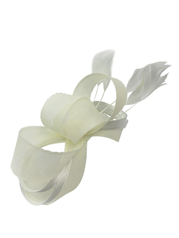 Bow Shaped Fascinator With Satin Loops & Feathers In Cream HA300830