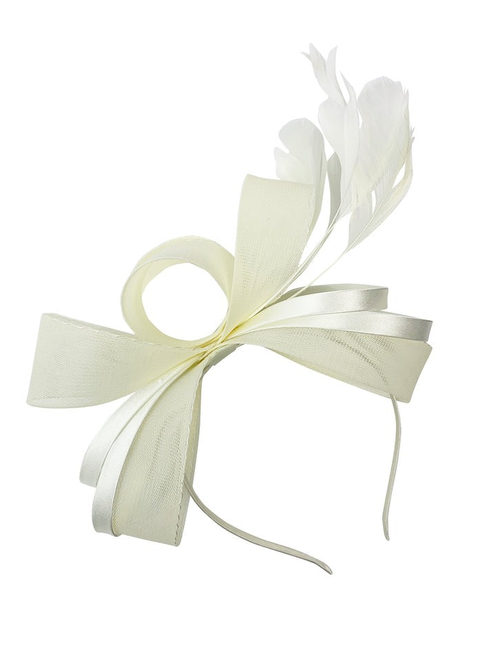 Bow Shaped Fascinator With Satin Loops & Feathers In Cream HA300830