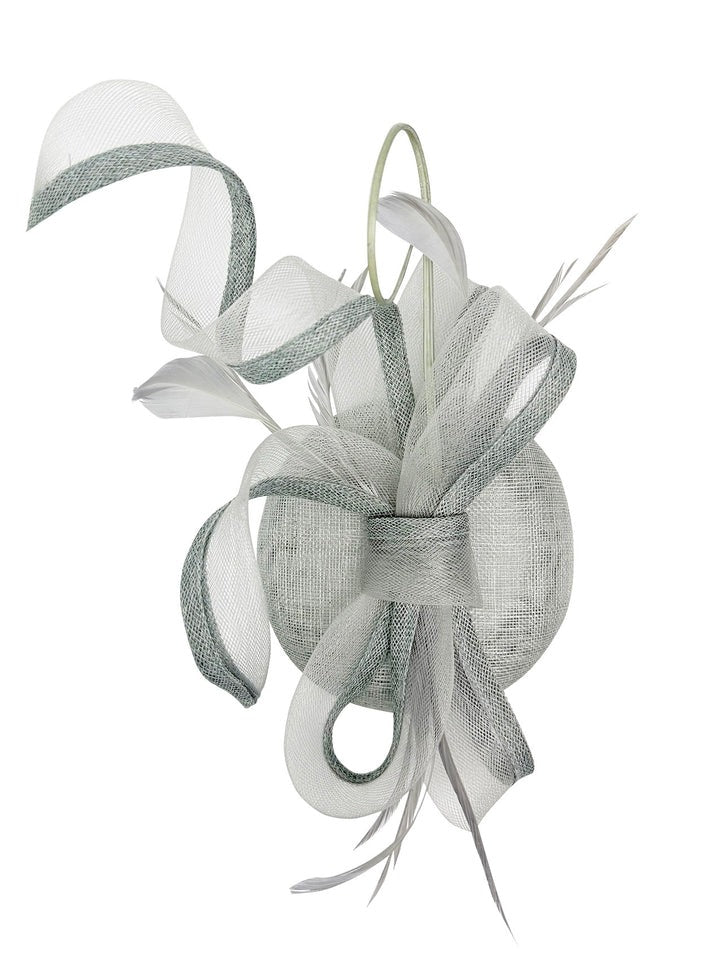 Round Pill Box Fascinator With Bow & Feathers In Grey HA300911