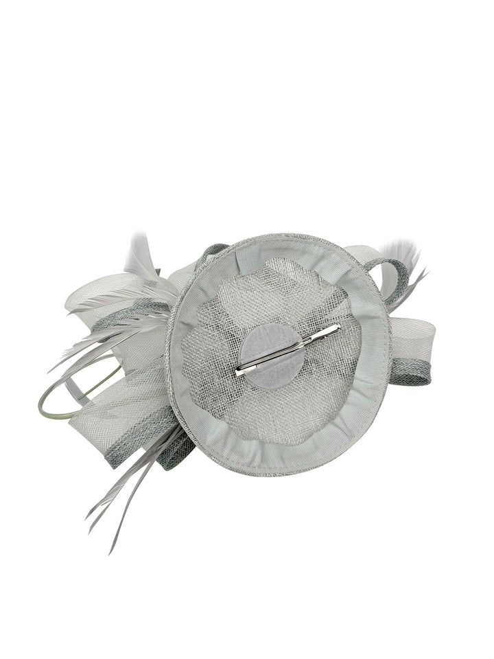 Round Pill Box Fascinator With Bow & Feathers In Grey HA300911