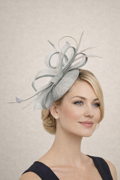 Round Pill Box Fascinator With Bow & Feathers In Grey by SVNX