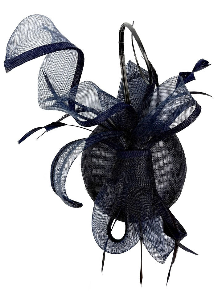 Round Pill Box Fascinator With Bow & Feathers In Navy HA300915