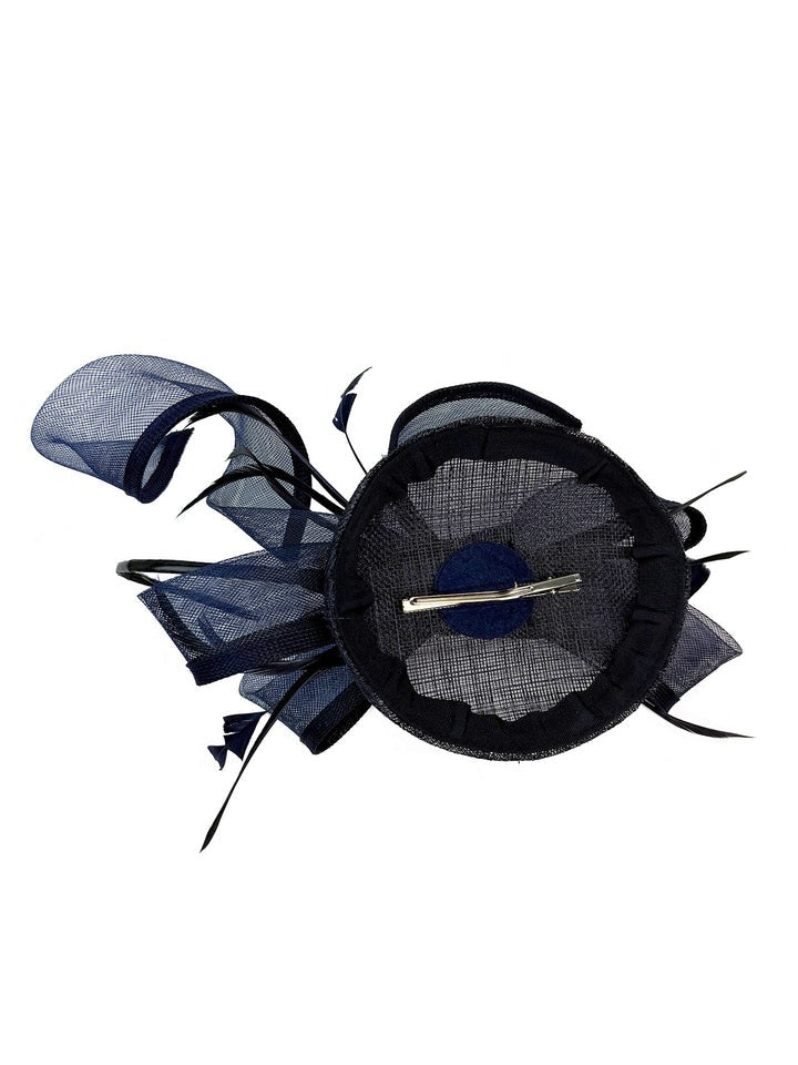 Round Pill Box Fascinator With Bow & Feathers In Navy HA300915