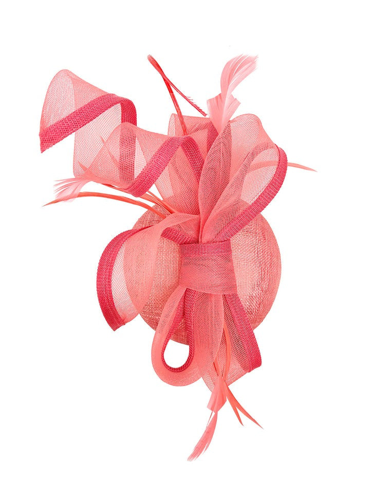 Round Pill Box Fascinator With Bow & Feathers In Coral HA300916