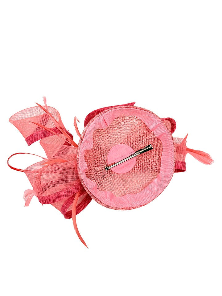 Round Pill Box Fascinator With Bow & Feathers In Coral HA300916
