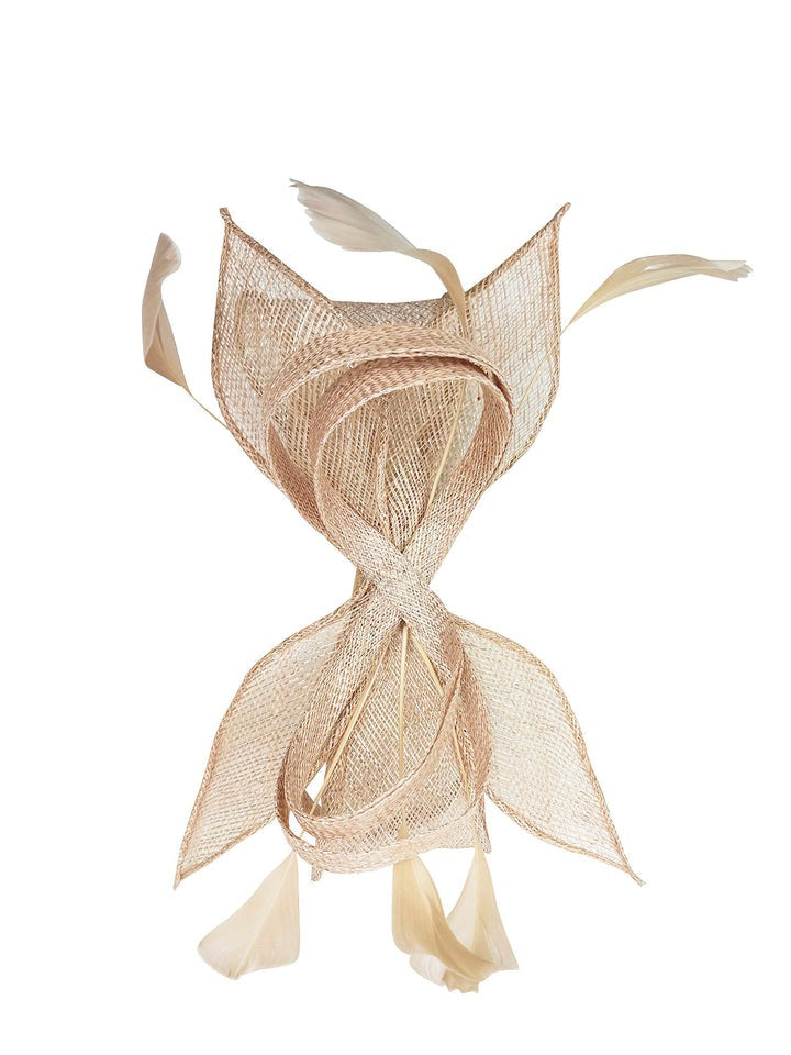 Bow Shaped Fascinator With Sinamay Curls & Feathers In Nude HA301008