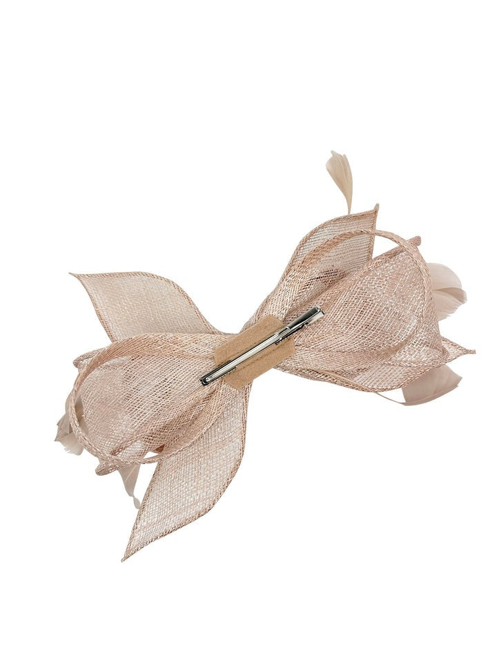 Bow Shaped Fascinator With Sinamay Curls & Feathers In Nude HA301008